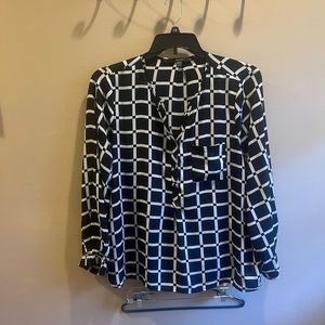 Black and white windowpane blouse. 1/2 button neckline.  Professional. 2X